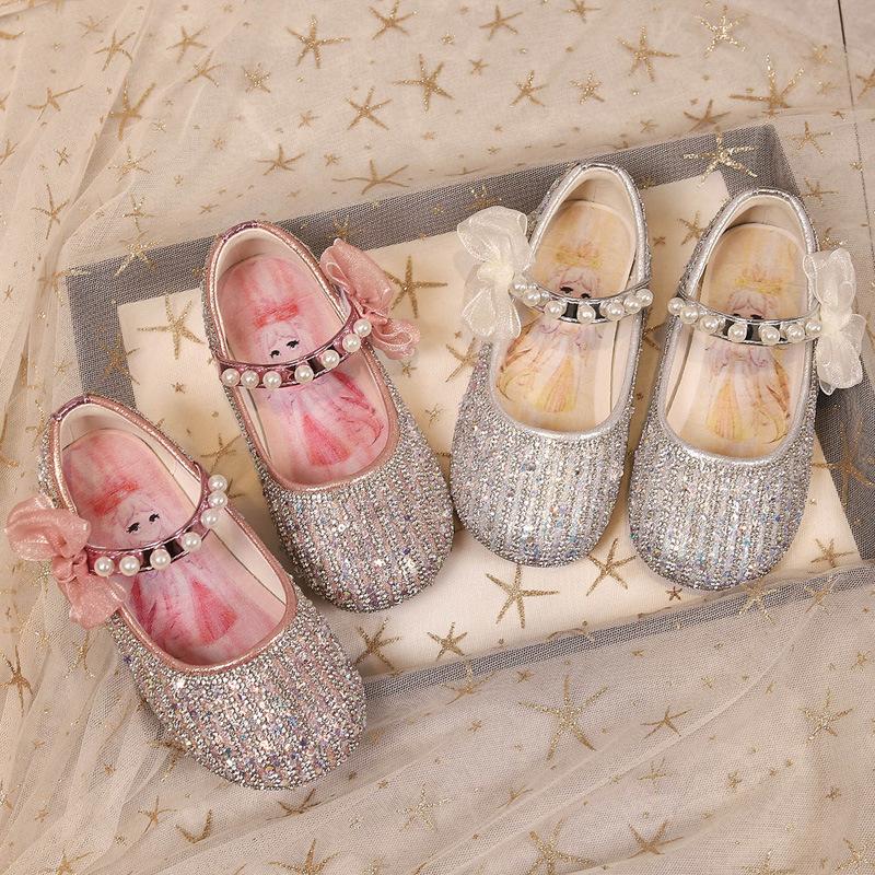 New Rhinestone Bow Soft Bottom Crystal Shoes Children's Small Leather Shoes