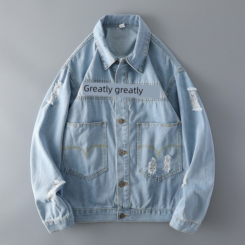 Ripped Black Embroider Workwear Denim Jacket Men's Spring and Autumn Trendy Retro Export Export Tail Single Men's Clothing Jacket