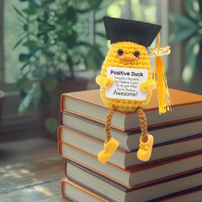 Yousheng Häkelpuppe, handgefertigt, Plüsch, positive Ente, inspirierende Karte, gestrickte Puppe, Rucksack, Accessoire, Abschlussgeschenk