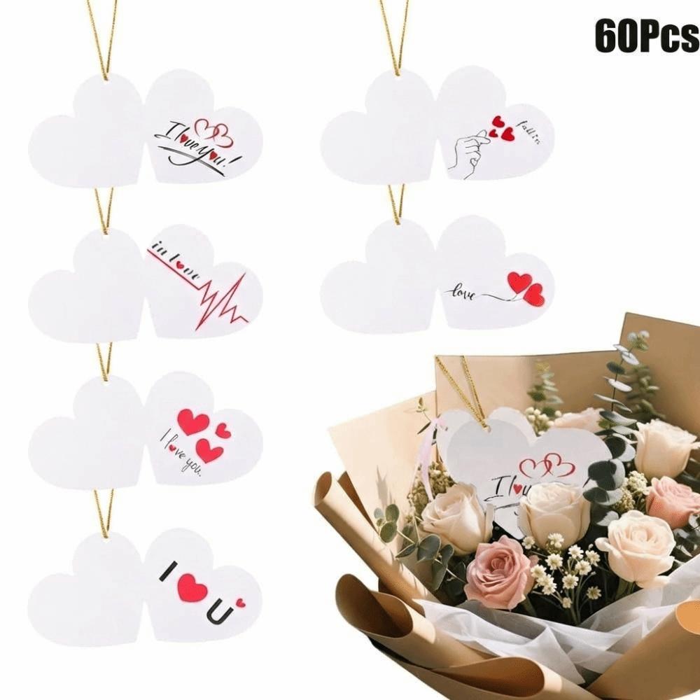 60Pcs White Heart Valentines Day Gifts Tags Gold Lanyard Handwritten Style Heart Paper Tag Small Cards Valentine's Day Labels