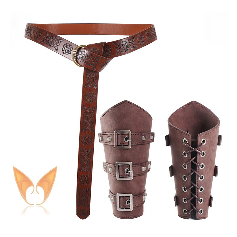 4 Pcs Mens Renaissance Costume Medieval Knight Tunic Costume Viking PU Belt Arm Guards Halloween Elf Warrior Cosplay
