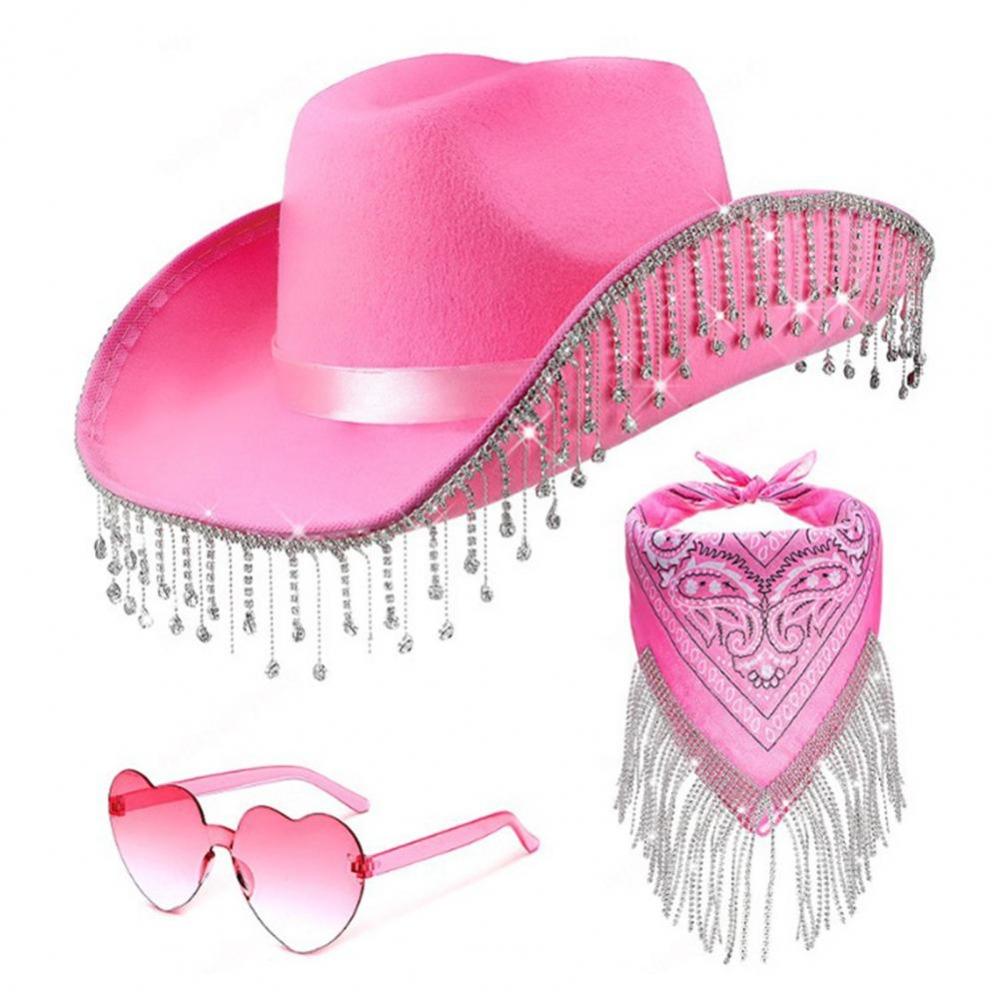 3pcs/Set Bandana Stage Performance Hat Rhinestone Tassel Heart Sunglasses Western Cowboy Hat Solid Color 3pcs/Set
