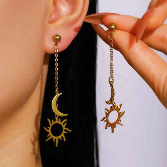 Women Adjustable Bracelet Asymmetrical Sun Moon Design Long Pendant Drop Earrings Face Slimming Jewelry