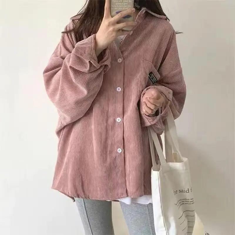 Dámská manšestrová košile s dlouhým rukávem - Podzim 2024, Korejský a Hongkongský retro styl, Volný střih, Tenká bunda.