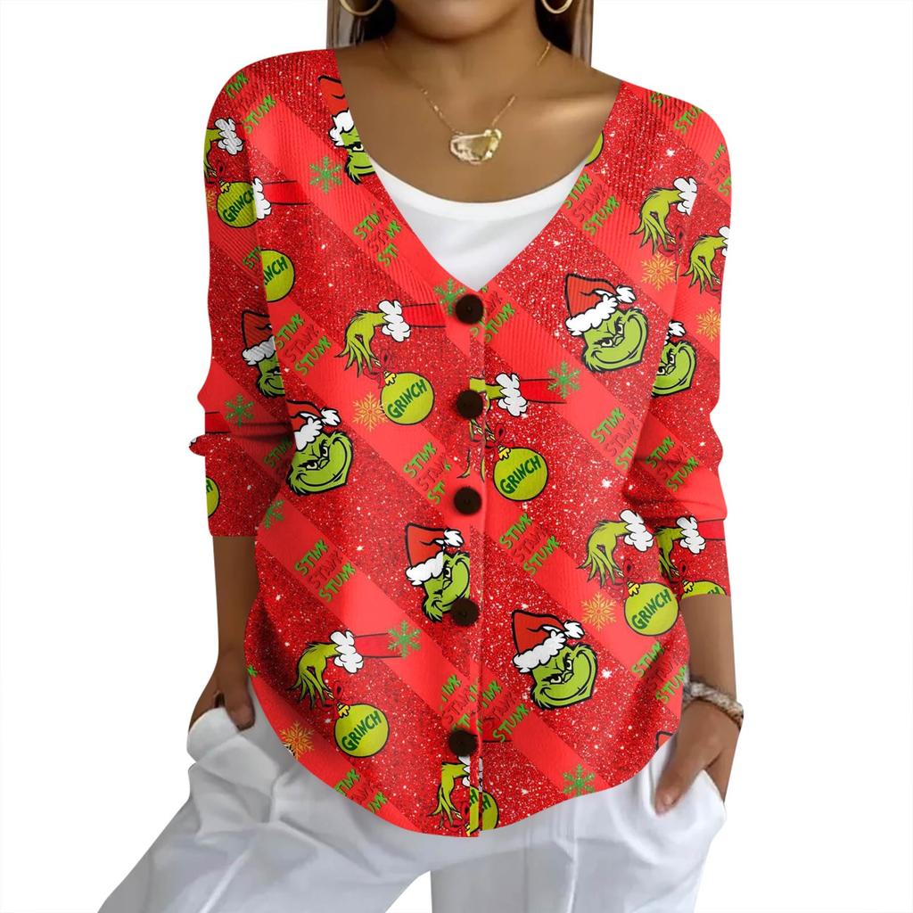 Women's Fashion Casual Knit Sweater Button-Up Christmas Print Cardigan Jacket