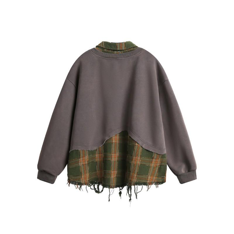 Unisex Oversized Plaid Patchwork Distressed Turn-Down Collar Hoodie Fall Casual Streetwear