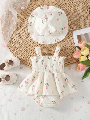 Floral Strappy Sleeveless Baby Romper & Hat