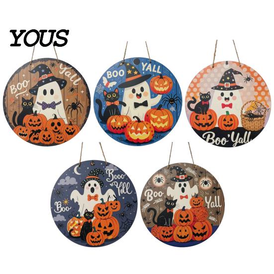 Seasonal Window Display Sign Halloween Boo Wood Door Hanger with Cute Ghost Black Hat Pumpkin Print, Front Creative Holiday Party Decor Porch