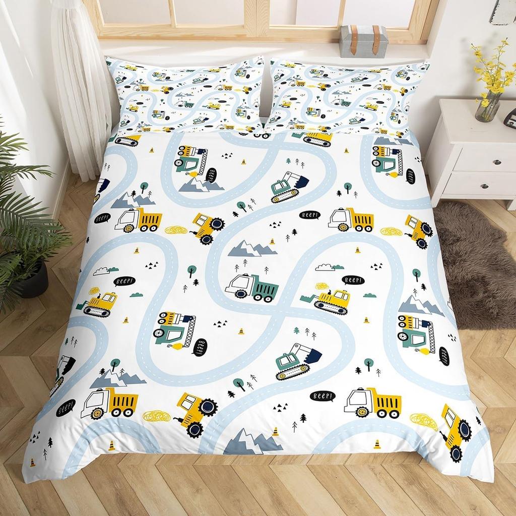 Comforter Cartoon Truck Twin City Landscape Bedding Set Hand Drawn Cartoon Vehicles City Map Railway Train Comforter
