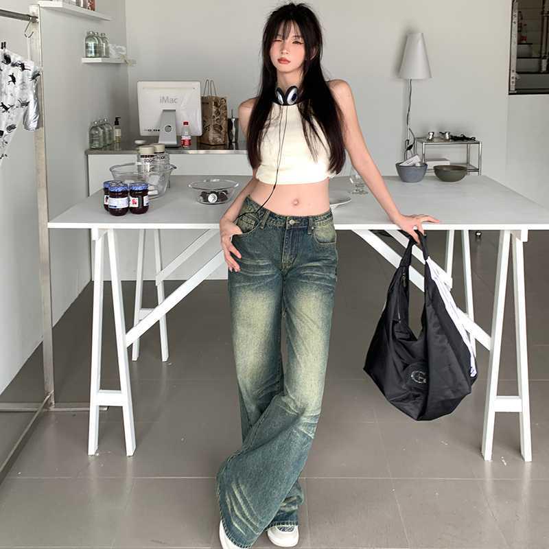 American Retro Low-Waist Wide-Leg Distressed Denim Pants - Floor-Length