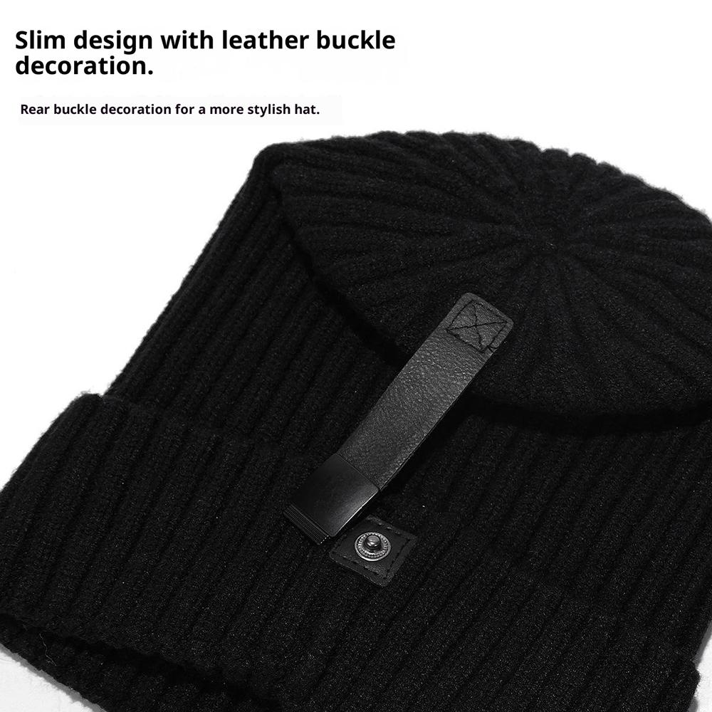 Wool Blend Beanie Hat with Button Strap Knitted Cap Ear Protection Outdoor Winter Warmth (OS)