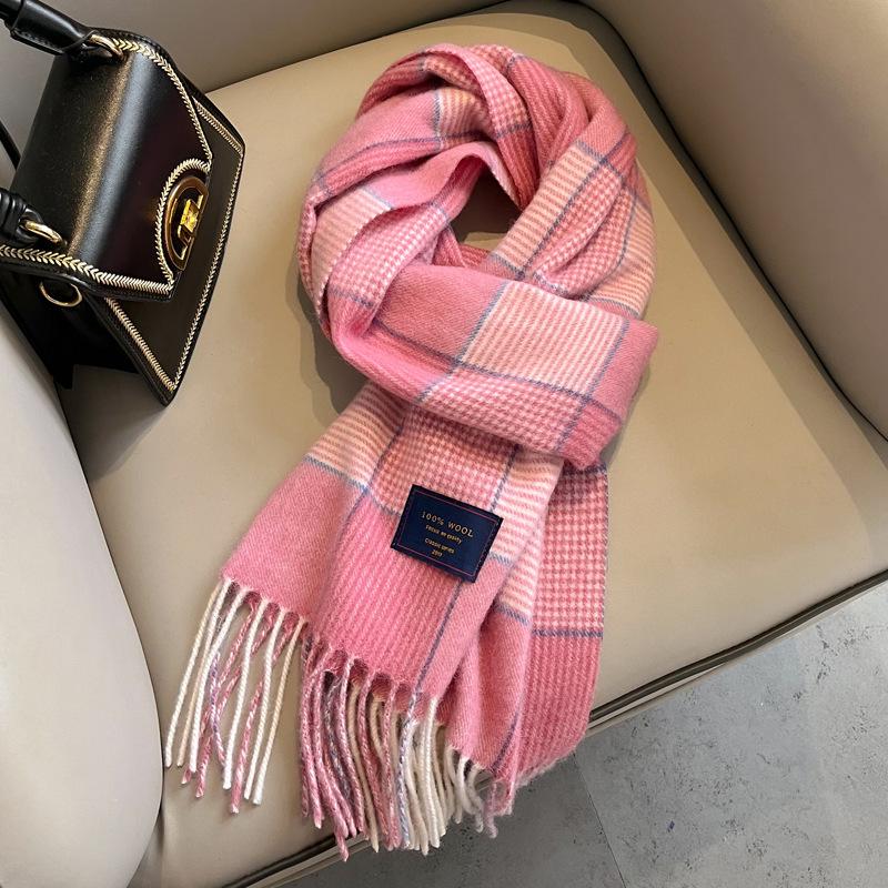 100 pure wool plaid scarf women's winter new girls autumn and winter green high-end feeling with coat scarf