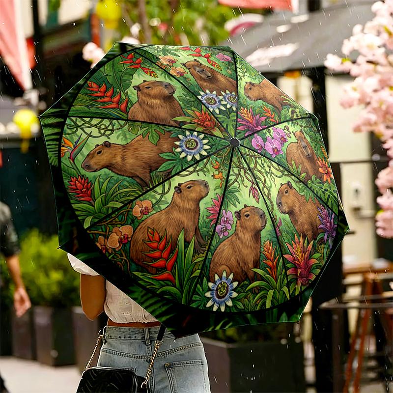 

Cow Camel Capybara Black Swan Animals and Leaf Umbrella for Outdoor Travel Use, Auto Open-Close 8-Rib Umbrella Exquisite Gift for Family and Friends
