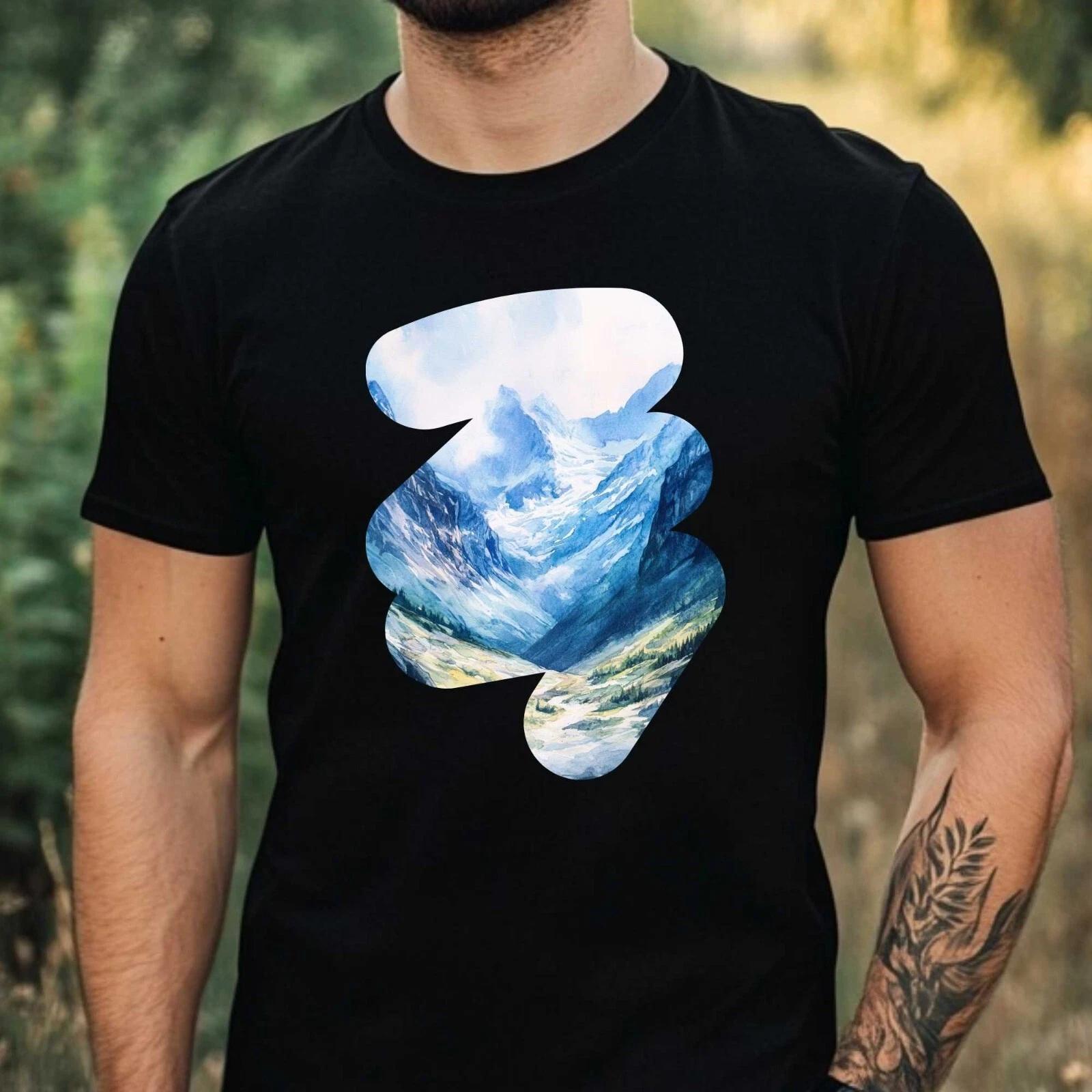 T-Shirt Herren Aquarell Berglandschaft Motiv Baumwolle Größe XS bis 5XL M