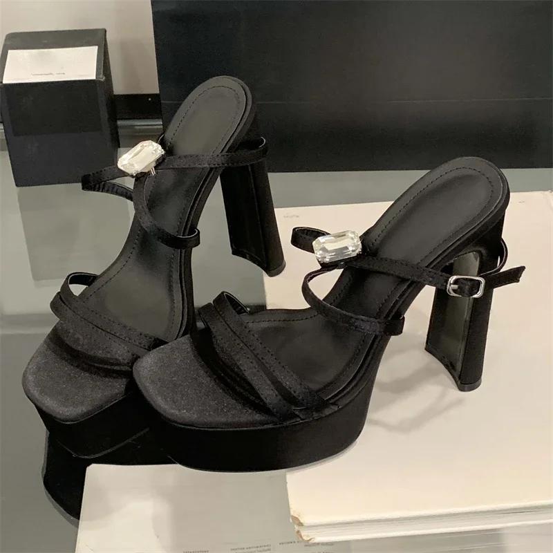 Fashion Elegant Crystal Narrow Band Design Platform Sandal Women Fashion Open Toe Ankle Buckle Thin Heel Slide Sandal Sexy Stripper Shoe