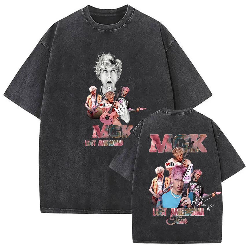Vintage Washed MGK Lost Americana Tour  Print Tshirt Men Women Harajuku High Quality Fashion Oversized  T Shirts