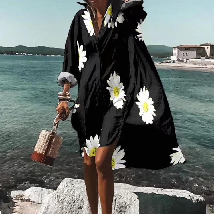 Trendy 3D Floral Print Lapel Long Sleeve Dress