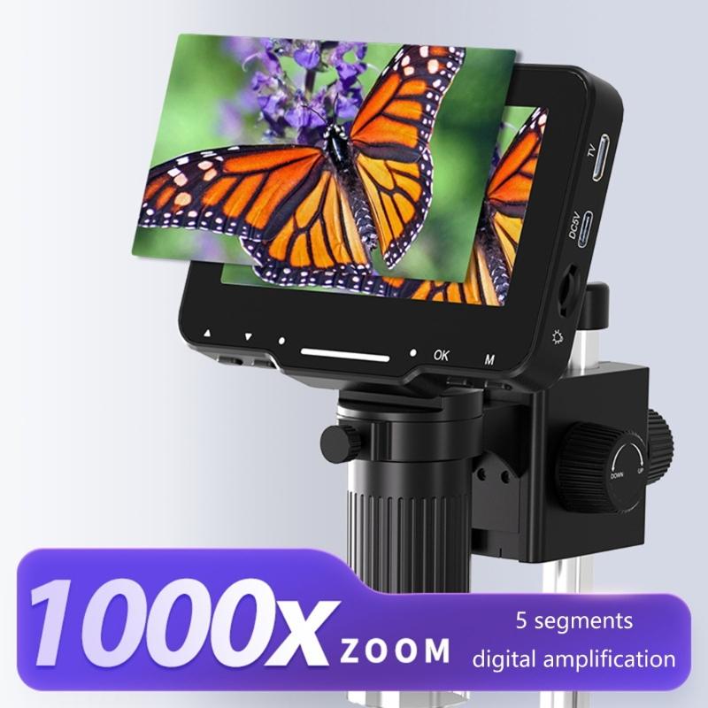 LCD Digital Microscope 4.3Inch Screen 720P Video Recorder 1-1000X Magnification Zoom Coin Microscope Magnifier PC View