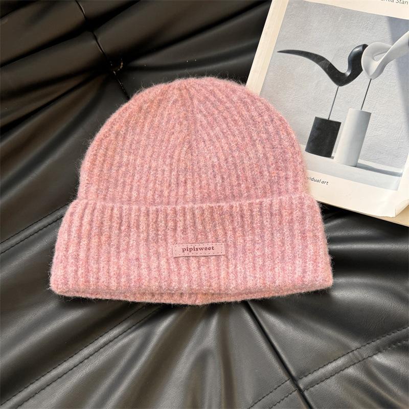 Knitted hat women's ins tide with letters small leather label warm pullover hat autumn and winter thin street ear protection cold hat
