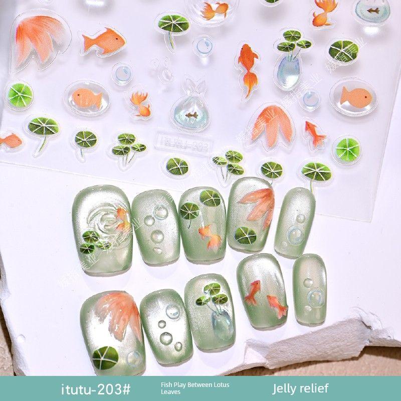 

May Tianying Help Nail Stickers Embossed Cartoon Cute Mayday5525 Nail Sticker Small Pattern Jewelry Stickers itutu-203# fish play lotus leaf jelly relief