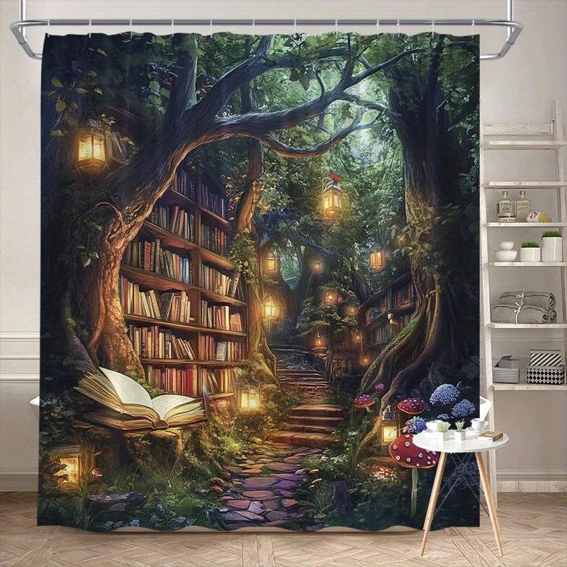 Magical Forest Library Shower Curtain - Lanterns, Books & Pathway Design, Whimsical Bathroom Decor, Machine Washable