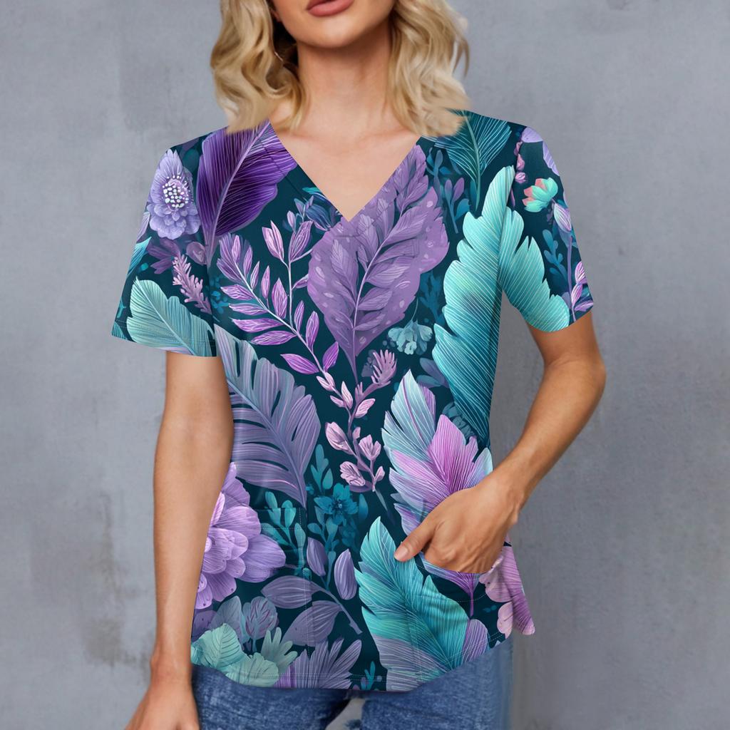 Women's Retro Printed V-Neck Double Pocket Short Sleeves Hem Slit  Uniform Caregiver Top