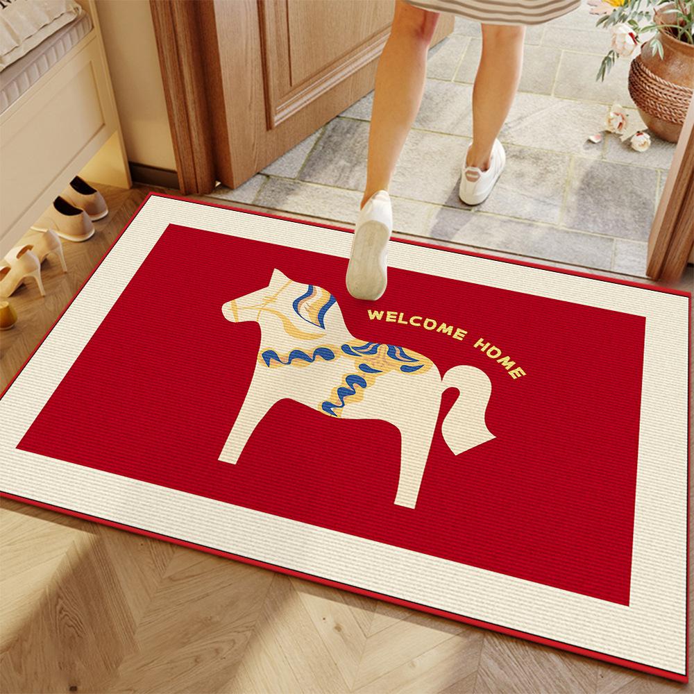 Red Cartoon Horse Welcome Doormat, Non‑Slip Anti‑Dirt Floor Mat, Vintage Cute Animal Print Entrance Rug, Decorative Carpet For F