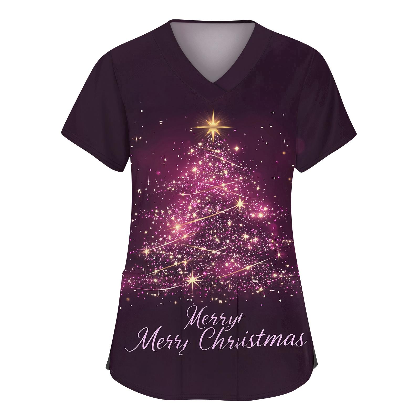 

Женская мода с v-образным вырезом, короткими рукавами и карманами, топы с рождественским принтом XL