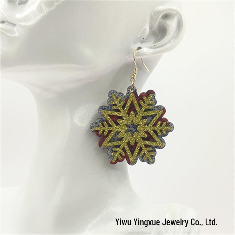 Cross-Border Christmas Snowflake Earrings: Hollow Wooden Double-Layer Leather Hooks