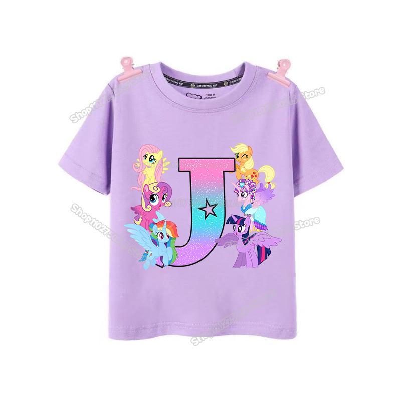 My Little Pony Girl T Shirt Twilight Sparkle Letter AZ TShirts Cartoon Kids Short Sleeve Tee Tops Casual Children Clothes