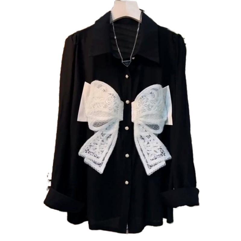 Black Shirts Women Lace Bow Decoration Vintage Loose Long Sleeve Spring Sweet Tops Streetwear Lady Clothing Stylish Chic
