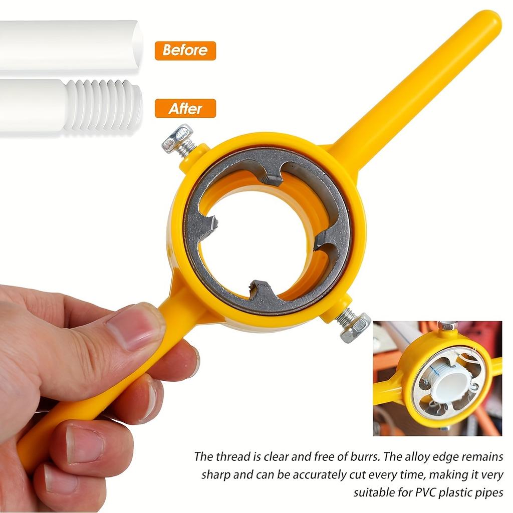 Folosiți un set de instrumente de tăiere a filetului pentru țevi din PVC din 6 bucăți, un instrument de fabricare a filetului, un ajutor pentru țevi de matriță circulară cu 1/2-inch 3/4-inch 1-inch