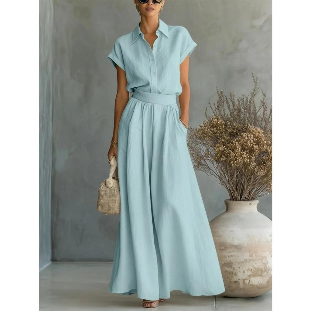 Women's Collared Short Sleeve Top Wide Leg Pants Set Loose Fit Casual Two Piece Outfit