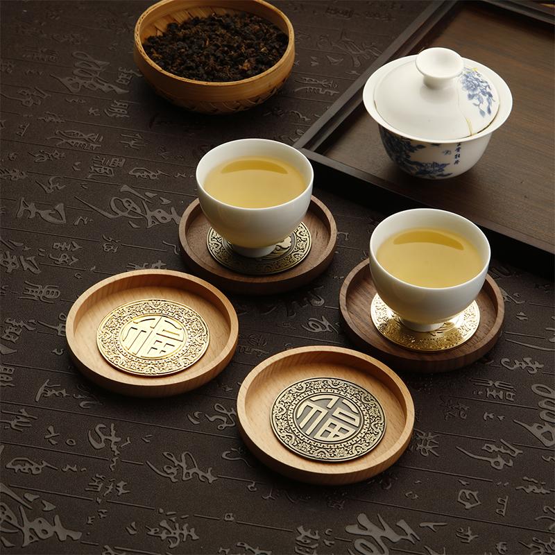 Chinese Style Metal Tea Cup Coaster Wooden Heat Insulation Cup Pad Drink Cup Coaster for Tea Coffe Milk Kitchen Supplies