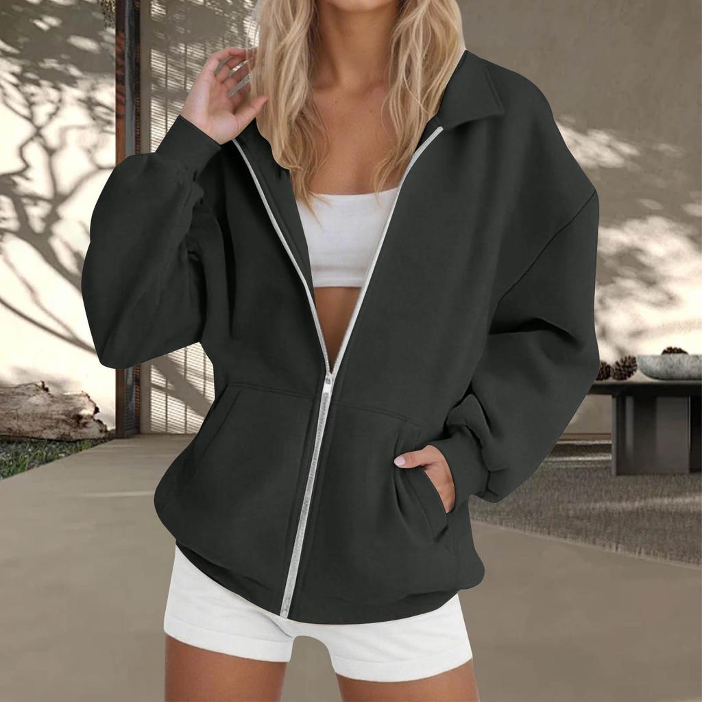 Women's  Fashion Zipper Hoodie Long Sleeve Hooded Pullover Sweatshirt Casual Solid Color Tops With Pockets