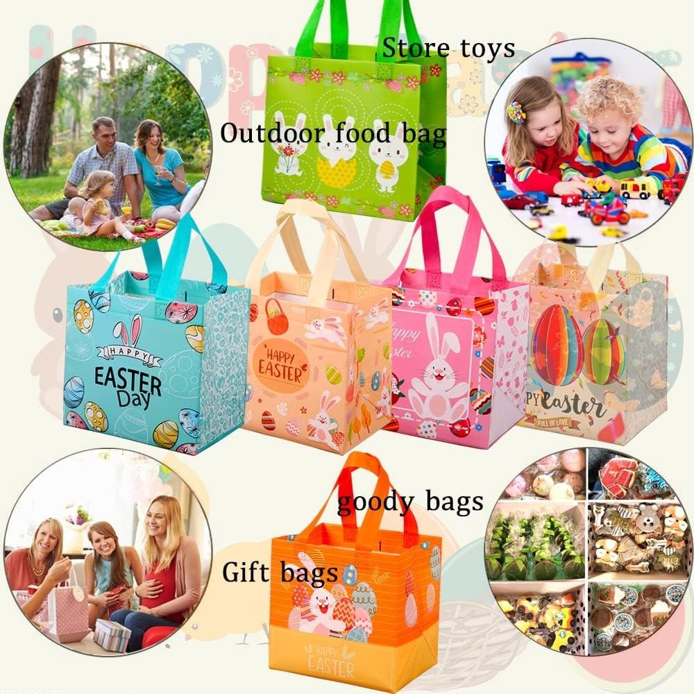 Easter Handle Tote Bags – Reusable Non-Woven Gift Bags For Bunny Egg Hunt Party Favors – 4/6/12 Pack Options (8.26x7.87x5.9")