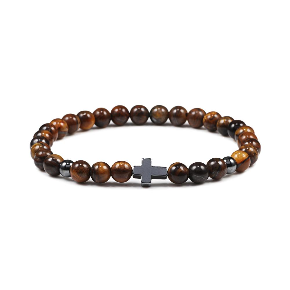 Prayer Men Women Bracelet Hematite Cross 6MM Natural Stone Tiger Eyes Bead Strand Bracelets Bangle Jesus Yoga Homme Jewelry Gift