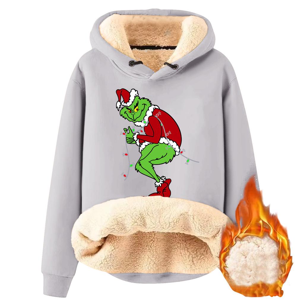Modny damski sweter z kapturem, nadrukowany, pluszowy i pogrubiony, ciepły i luźny