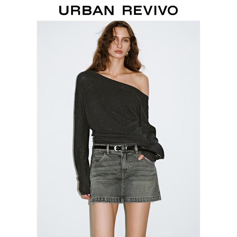 UR 2025 Fall Women's Trendy Sequin Off-Shoulder Short Knit Top