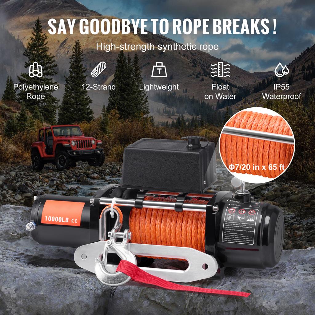 SucceBuy 10000lbs Electric Winch 12V Truck Car Winch with 65ft Synthetic Rope Wireless Control IP55 for Towing Off-Road SUV Jeep