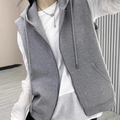 Kapuzenweste Damen Frühling und Herbst Locker Lässig Reißverschluss Sweatshirt Gestrickte Strickjacke, Einfarbige Westenjacke