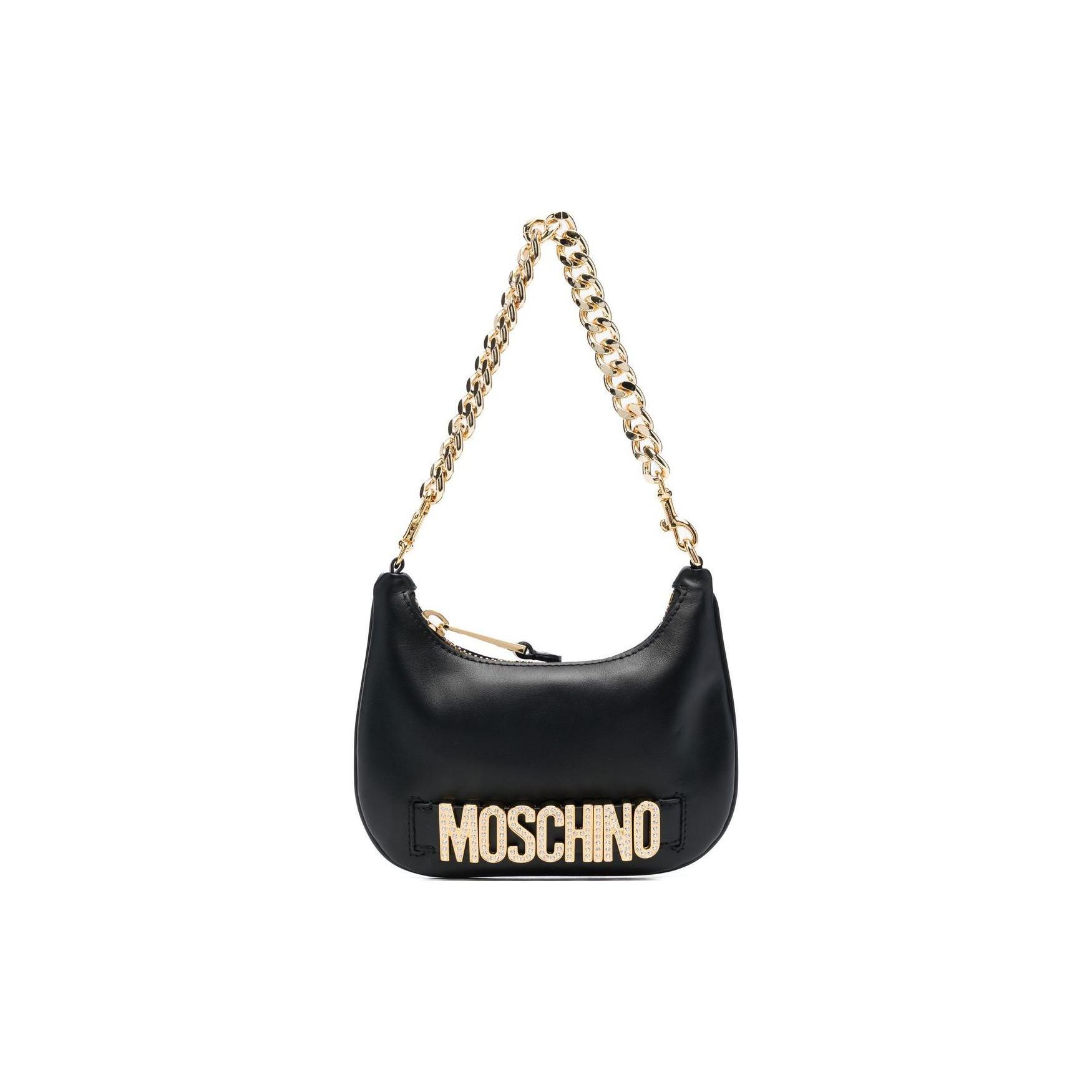 Moschino Logo Decorated Detachable Chain Handle Zip Closure Calfskin Tote Shoulder Bag Women bags Black A757980243555 Basic Set (Bag+Dust Bag)