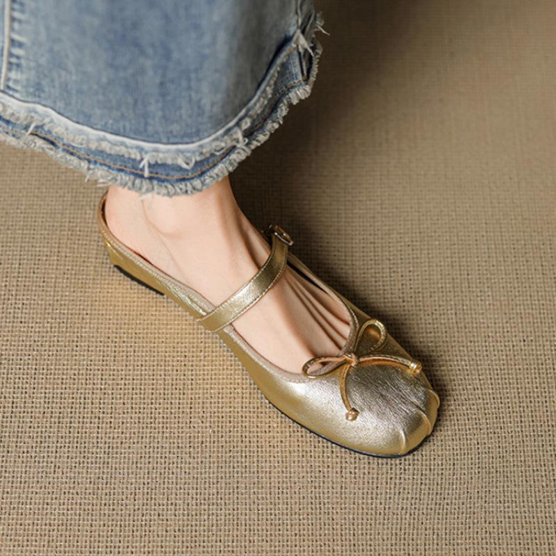 Französische Retro-Innenhöhenverstärkungstasche Kopf Halbschuhe Schleife quadratischer Kopf Schuhe Sommer Oberbekleidung mittlerer Absatz silber Damen Pedal