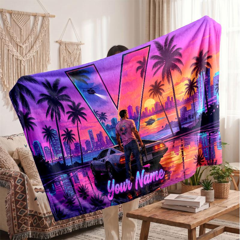 GTA Personalized Flannel Blanket, Custom Printed Text Name, Warm Soft Blanket For Couch Bed