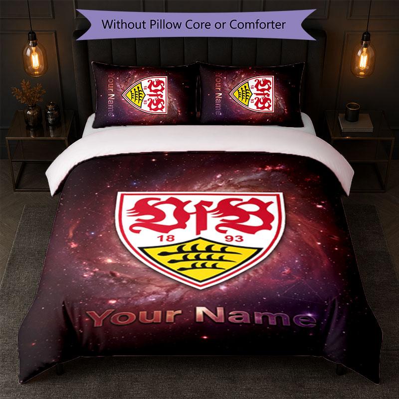 Set Biancheria da Letto Personalizzato VfB Stuttgart FC con Nome Testo 1 Copripiumino+2 Federe Logo Calcio Regalo Personalizzato per Occasioni Speciali Decorazione Camera da Letto