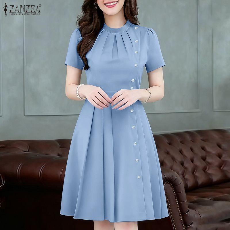ZANZEA Women Casual Round Neck Summer Short Sleeve Dress