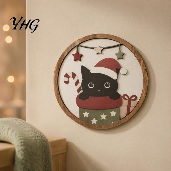 Creative Wall Layout Christmas Black Cat Decor, Layered Wooden Hanging Sign, Round 2D Home Decorations Flat Art Decoration for Living Room Bedroom And