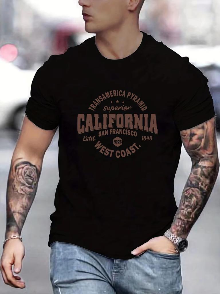 Summer Men's Pure Cotton Casual Sports Loose California West Coast Printed Round Neck Short Sleeved Street Outdoor T-shirt