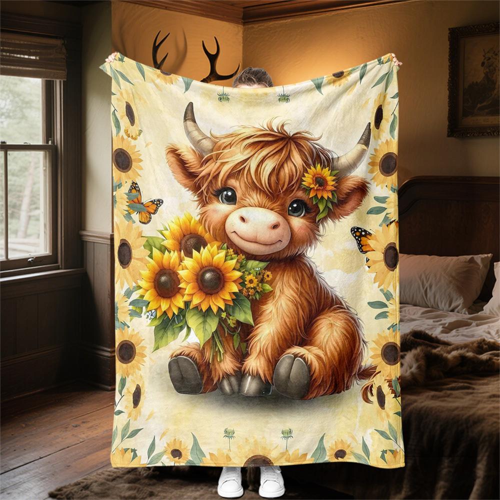 1PC cowflowerOutdoor Flannel Blanket - Soft Plush Decor for Picnics, Camping, Bedroom, All-Season Cozy Gift for Christmas, Lightweight 1368A
