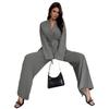 Damen 2-teiliges passendes Set Langarm-Oberteil mit Gürtel Weitbeinige Hose Business Casual Set Outfit